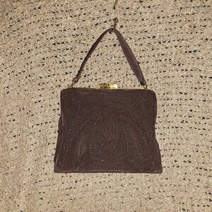 GOLD SEAL-Vintage 50s Corded Chocolate Brown Bag-Attached Coin Purse-Near Mint